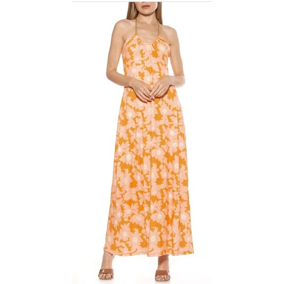 Alexia Admor Orange Floral Halter Maxi Dress W/ Rope Detail Womens M - Picture 1 of 9